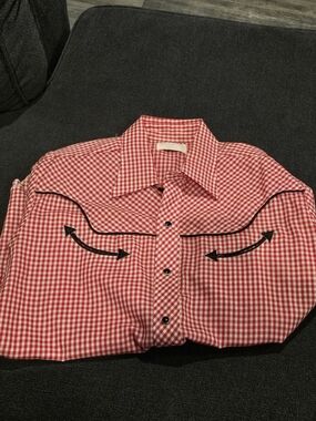 Wrangler Red and White Gingham Button-Down Shirt with Black Piping
